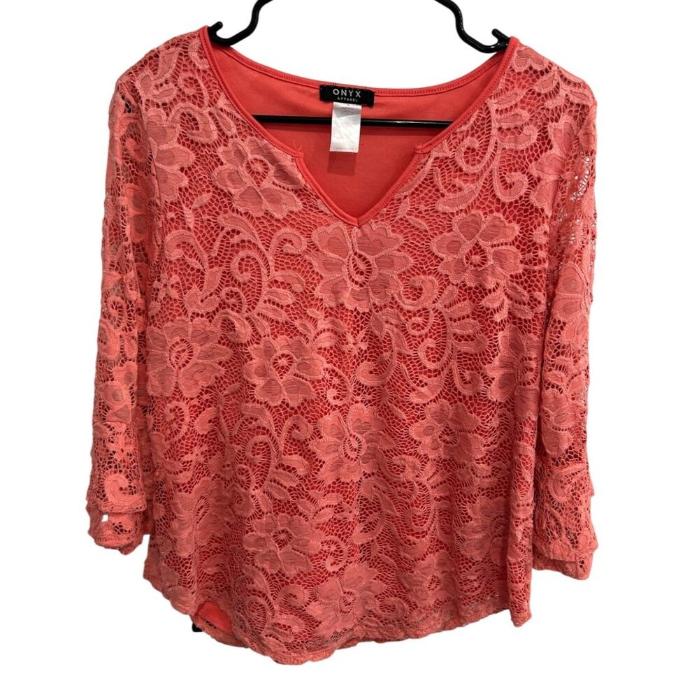 Onyx Apparel Coral Lace 3/4 Sleeve Blouse Large Floral Pattern Lined